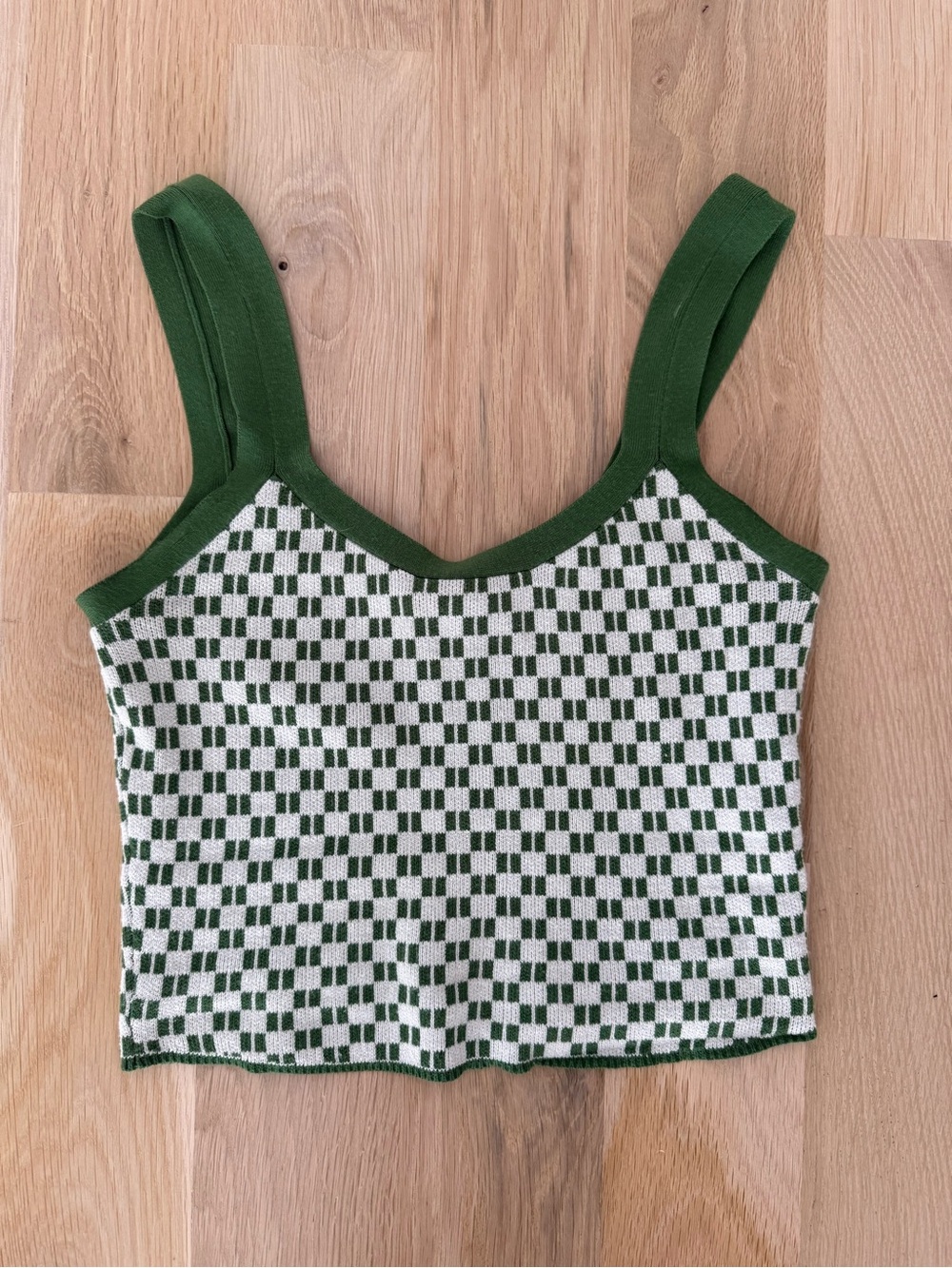 Abercrombie & Fitch Green and Cream Checkered Knit Crop Tank